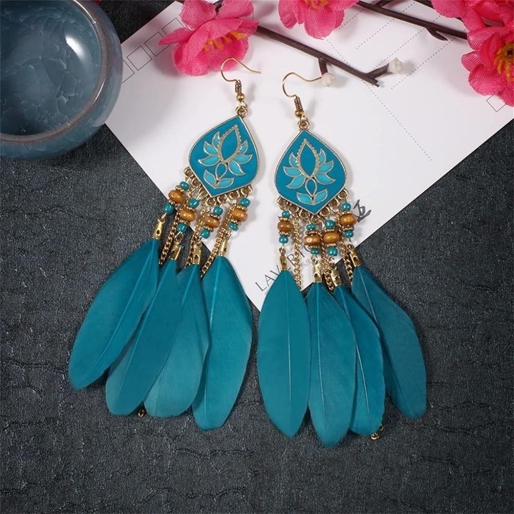 Elegant Bohemian Beaded Feather Dangle Drop Earrings